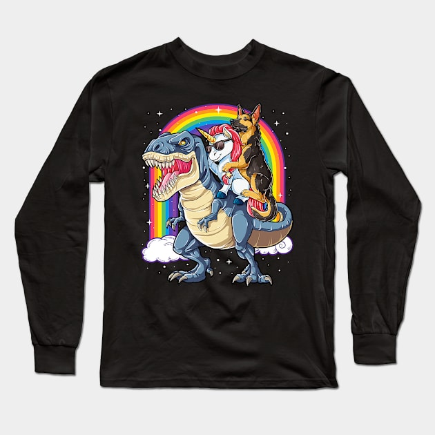 German Shepherd Unicorn Riding Dinosaur Rainbow Long Sleeve T-Shirt by EmilyCharlotty